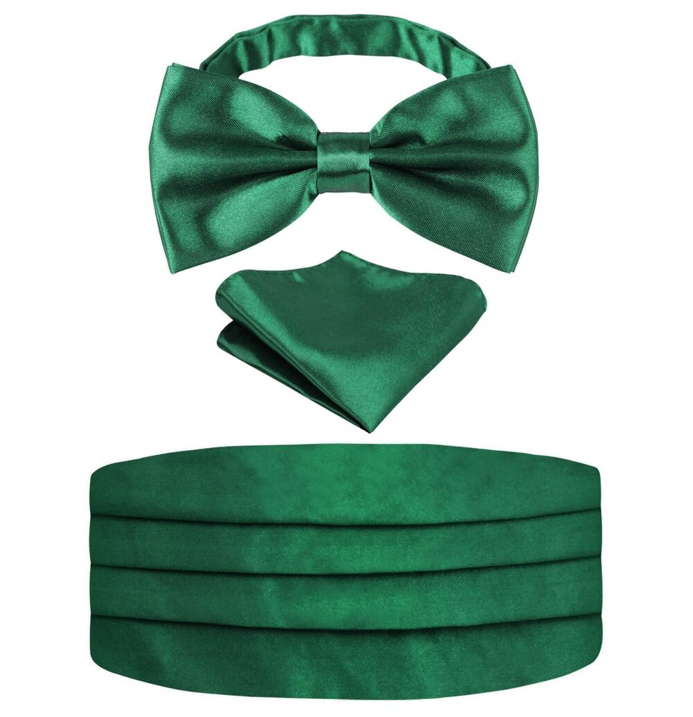 3718 Multicolored Silk Solid Cummerbund Gift Bow Tie Set, Green